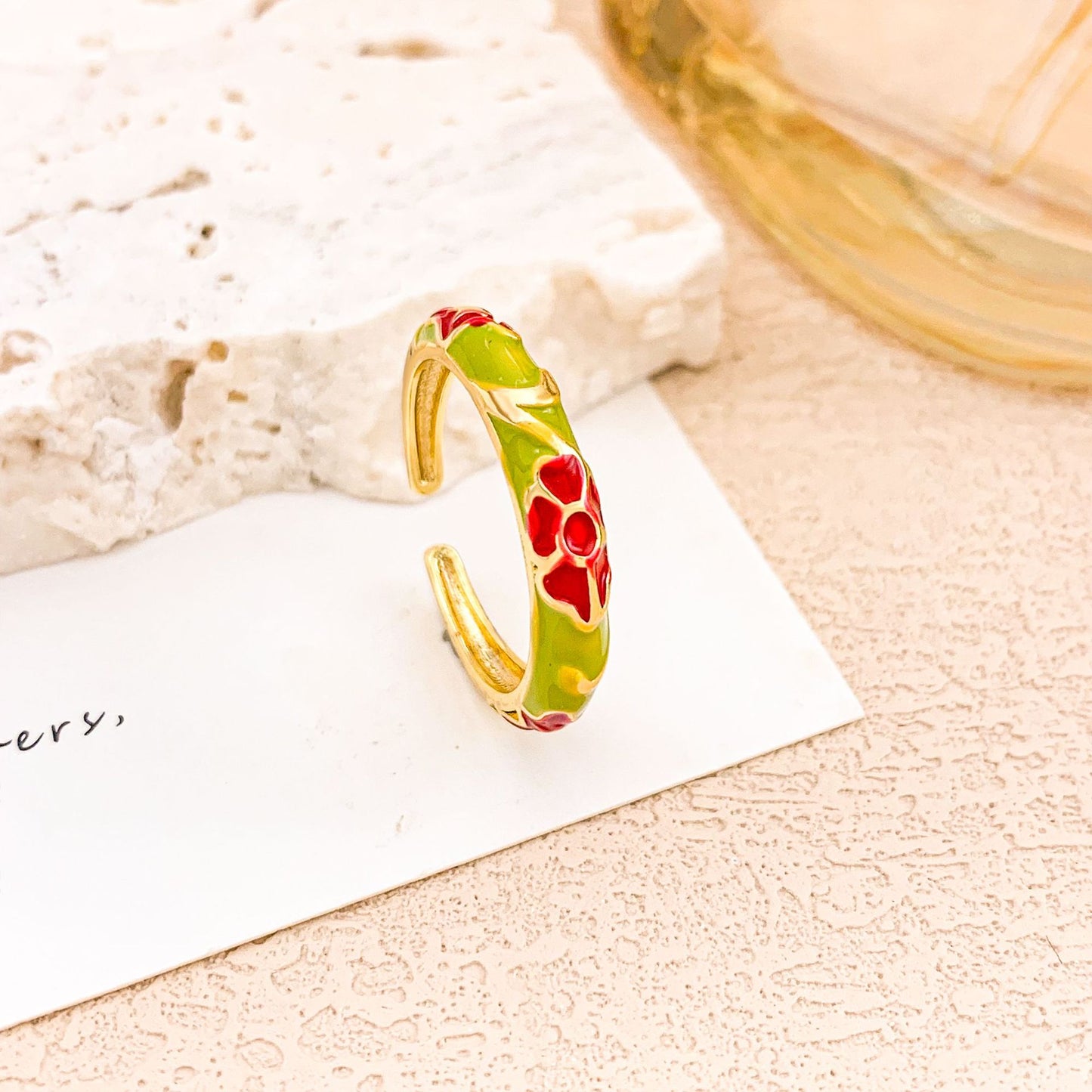 Vintage Sweet Floral Enamel Drip Oil Plated Alloy Adjustable Ring for Women