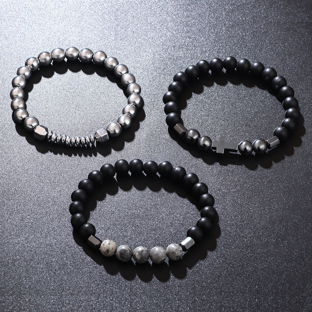 Vintage Cross Geometric Hematite Stretch Bracelet Unisex Handmade Stone Beads