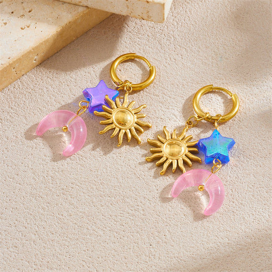 Minimalist Sweet Gold Plated Stainless Steel Star Moon Sun Earrings