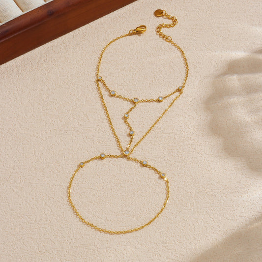 Minimalist Elegant Gold Plated Stainless Steel Rhinestone Chain Hand Chain Ring