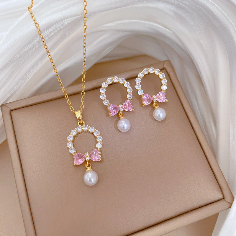Luxury Fresh and Sweet Plated Brass Zircon Micro-Pave Earrings and Necklace Set