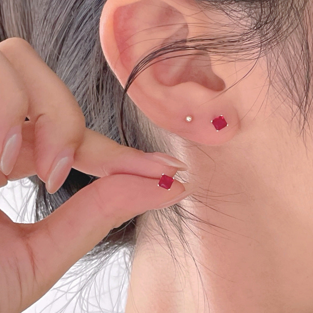 Minimalist Letter-Shaped 925 Sterling Silver Stud Earrings with Red Zircon Inlay, Polished Finish