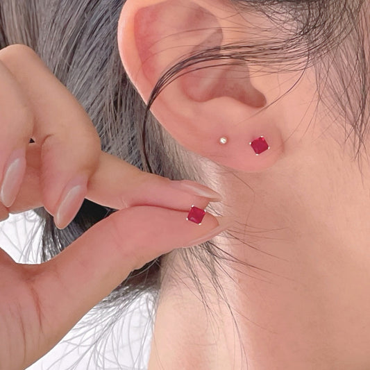 Minimalist Letter-Shaped 925 Sterling Silver Stud Earrings with Red Zircon Inlay, Polished Finish