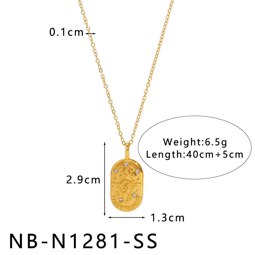 Minimalist Square Zodiac Pendant Necklace in Stainless Steel with Rhinestone Inlay and 18K Vacuum Plating for Women