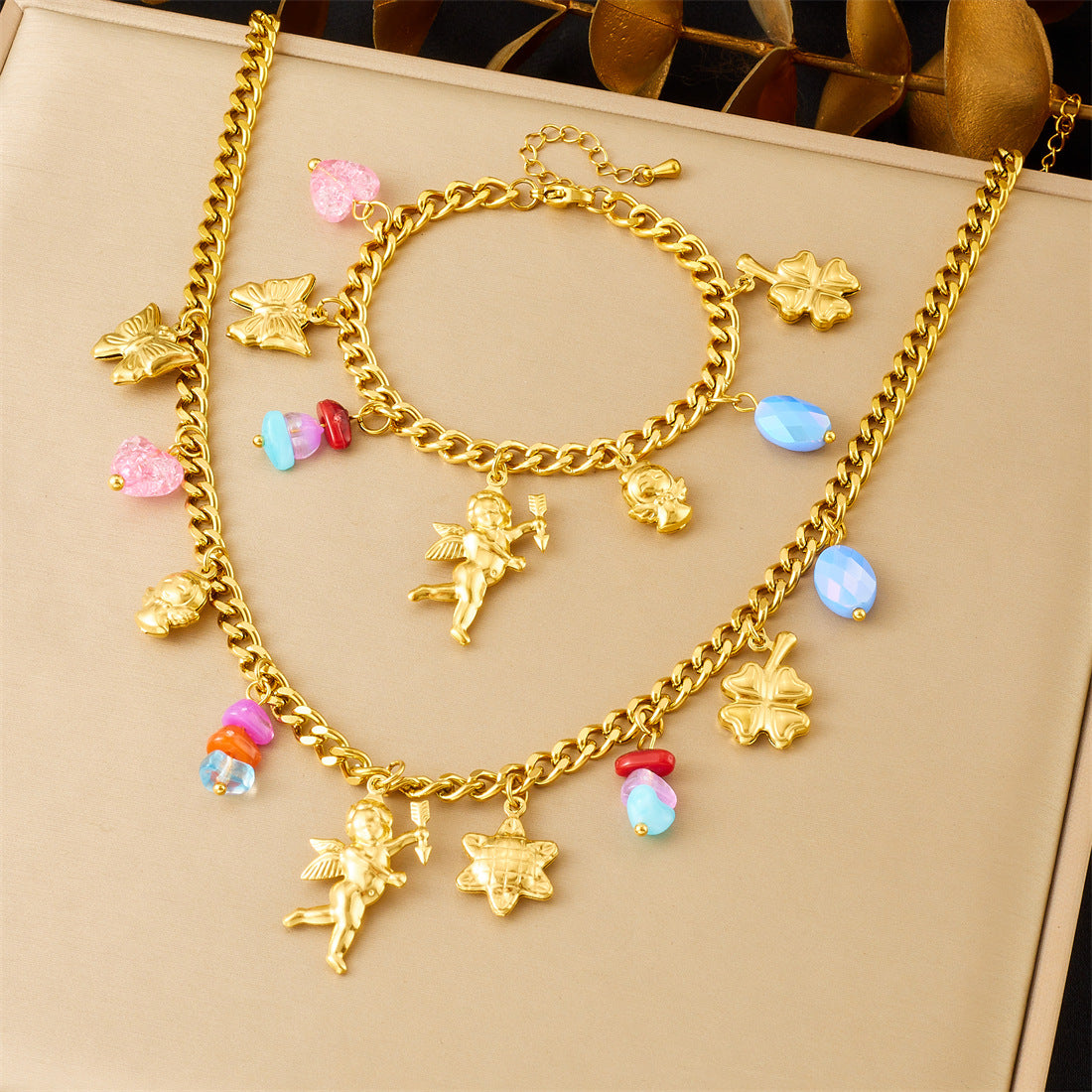 Cute Cartoon Gold Plated Stainless Steel Butterfly Flower Angel Pendant Jewelry Set for Women
