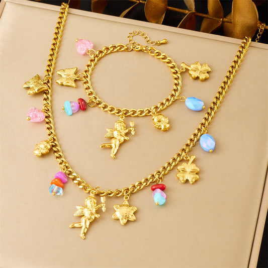 Cute Cartoon Gold Plated Stainless Steel Butterfly Flower Angel Pendant Jewelry Set for Women
