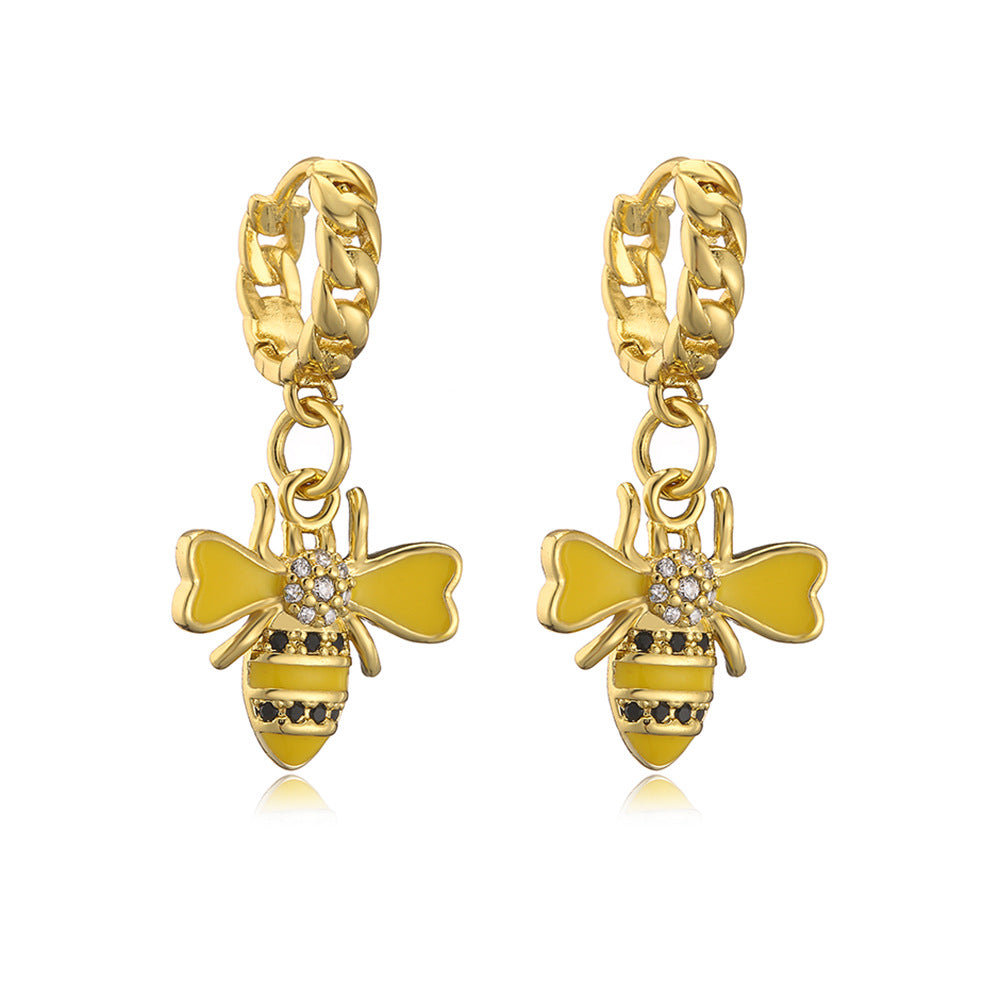 Minimalist Bee-Shaped Copper Pendant Earrings with 18K Gold Plating and Enamel Finish for Women