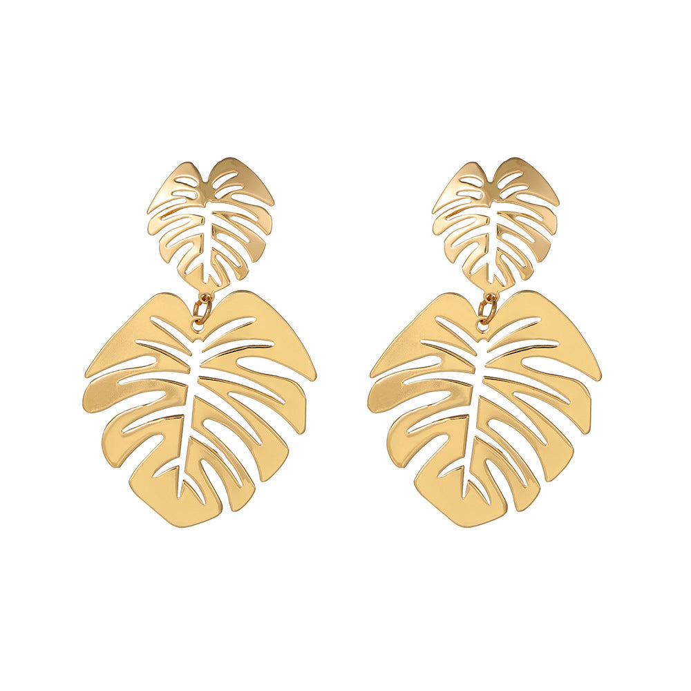 Geometric Double Leaf Plated Alloy Earrings
