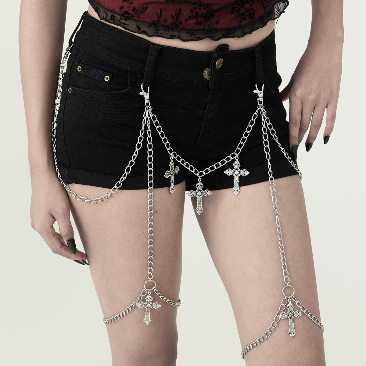 Cavigliera da donna in lega con geometria in stile punk, nappa e ciondolo a croce