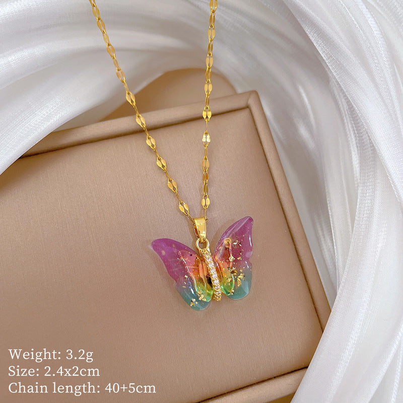 Butterfly-Shaped Titanium Steel Necklace with Rhinestone Inlay for Women, Delicate Clavicle Chain in Minimalist and Sweet Style