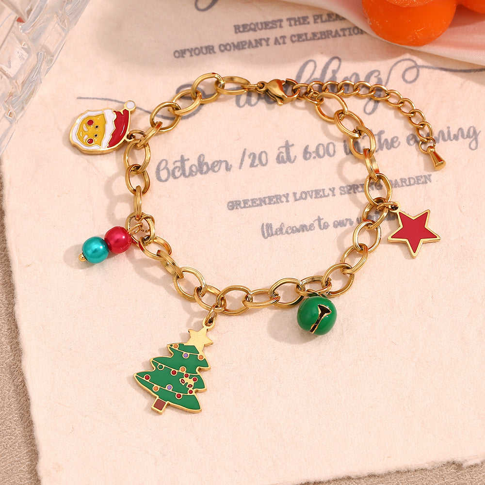 Pulsera colgante de campana de árbol de Navidad a la moda para mujer de acero inoxidable con chapado en oro de 18 quilates Diseño geométrico Joyería navideña
