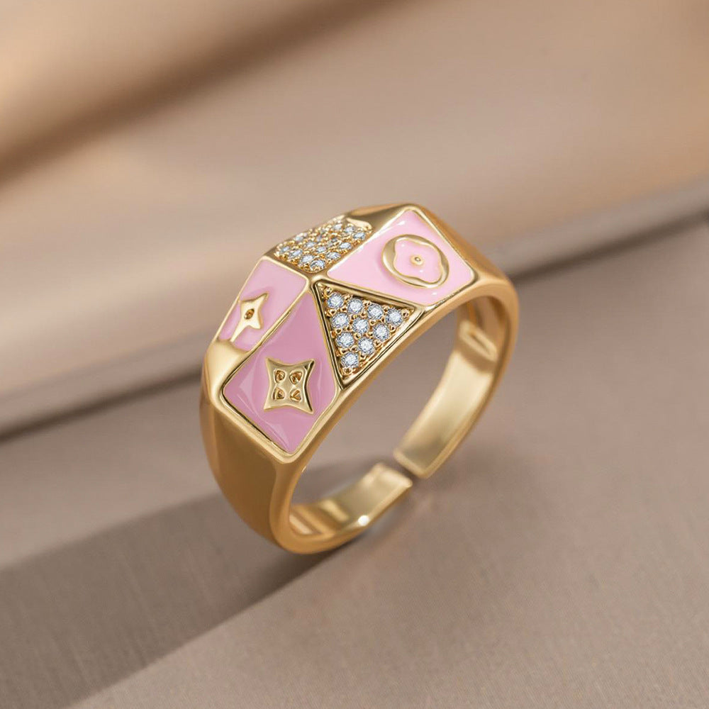 Vintage Court Style 18K Gold Plated Copper Enamel Floral Zircon Open Ring for Unisex