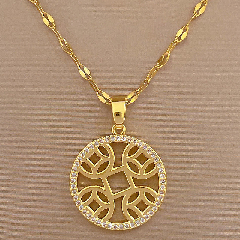 Collana con Pendente a Moneta Geometrico Minimalista in Acciaio al Titanio con Intarsi di Strass da Donna