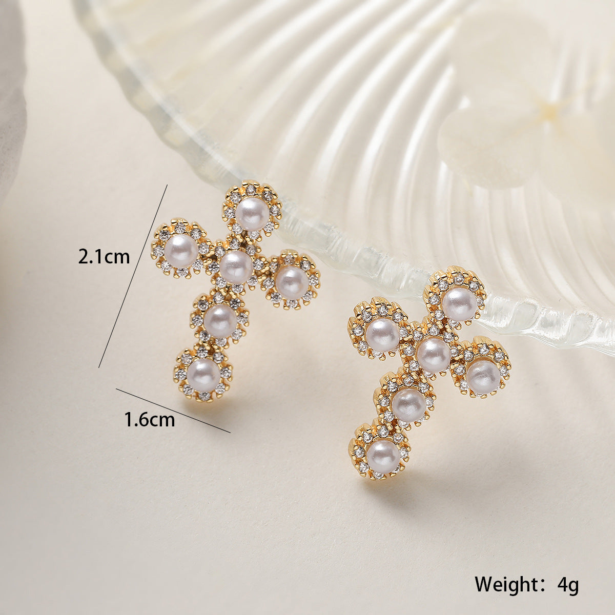 Fashion Geometric Cross Brass 18K Gold Plated Cubic Zirconia Pearl Stud Earrings for Women