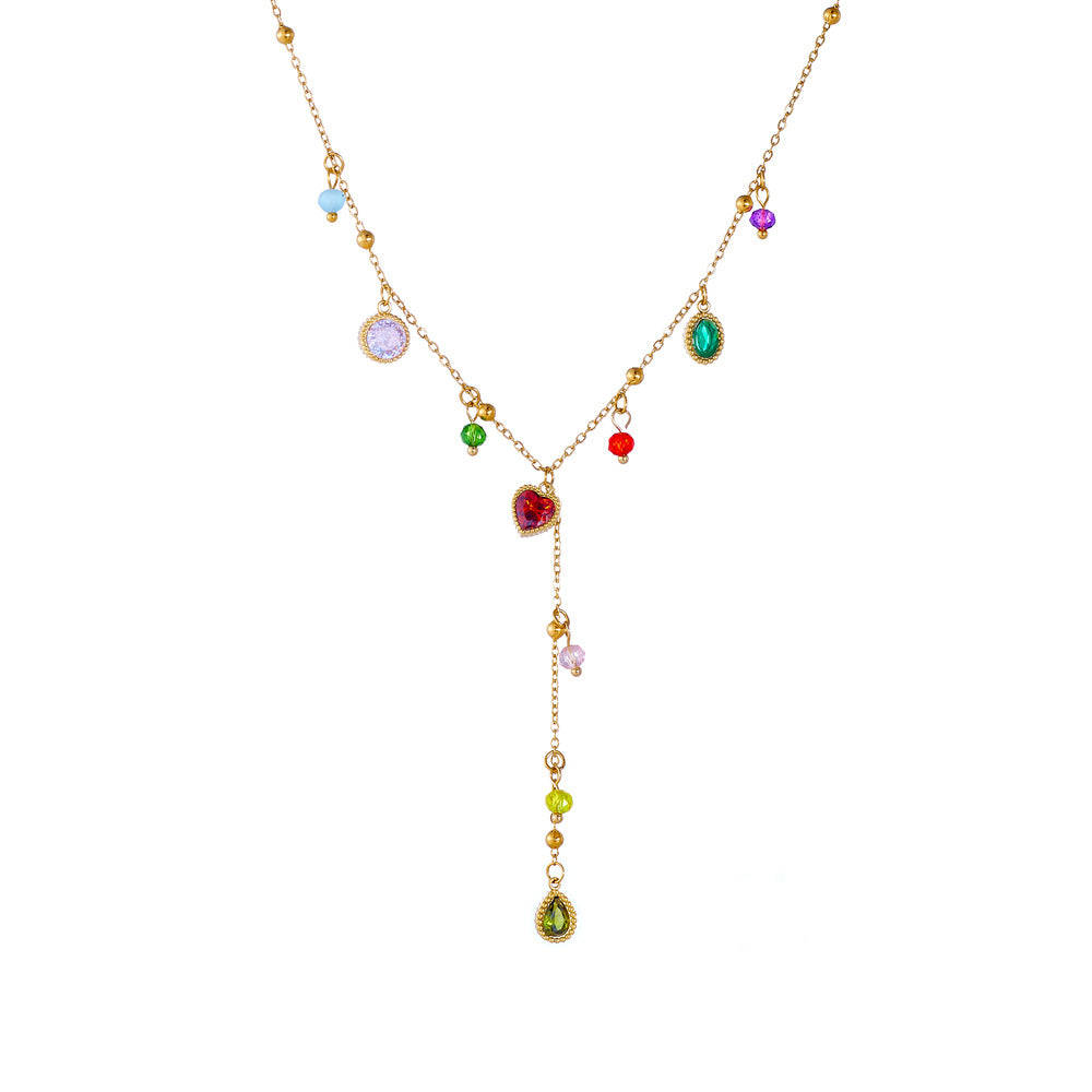 Minimalist Gold Plated Stainless Steel Heart Teardrop Geometric Rhinestone Y-Necklace for Women