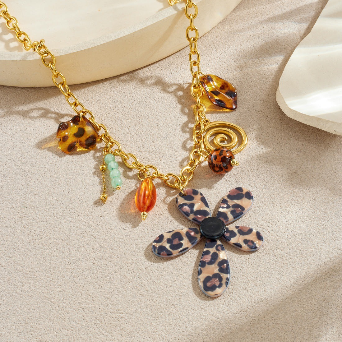 Vintage Leopard Print Floral Acrylic and Stainless Steel Gold Plated Tassel Necklace for Women