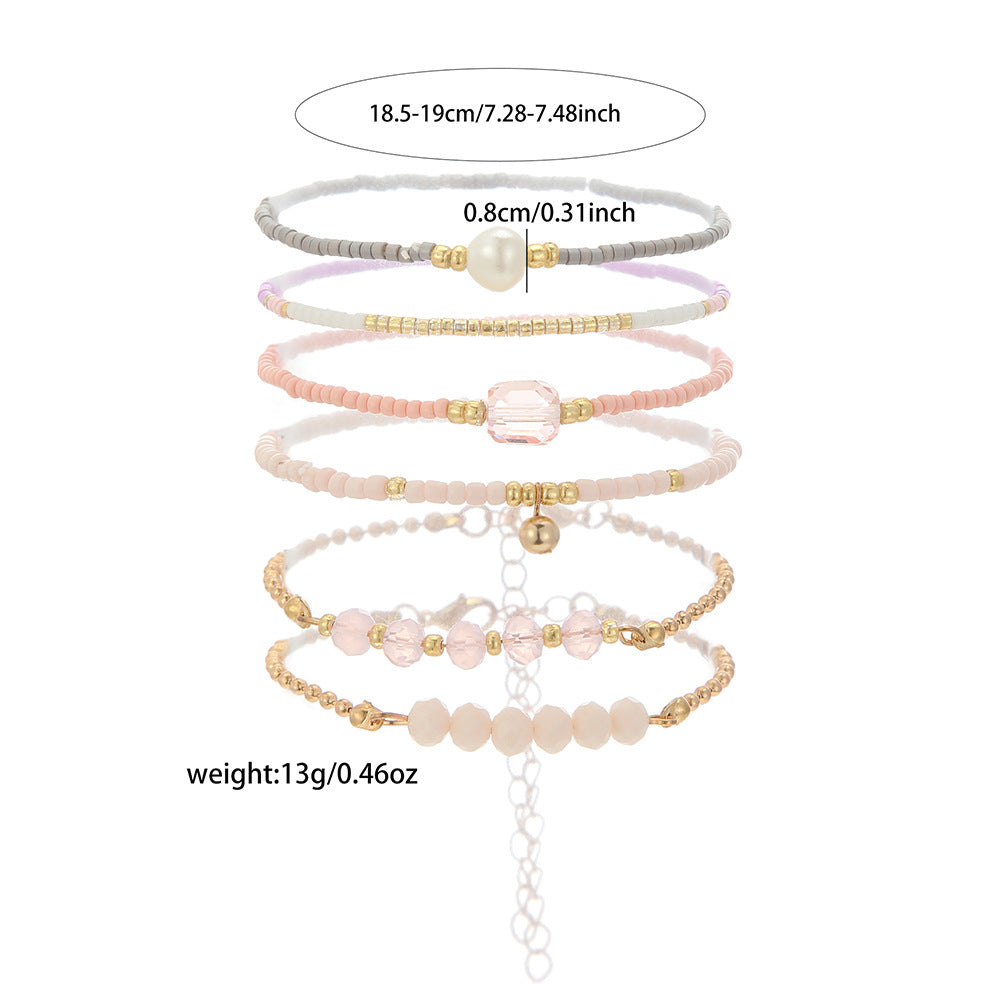 Sweet Geometric Round Crystal Glass Imitation Pearl Bracelet Set for Women
