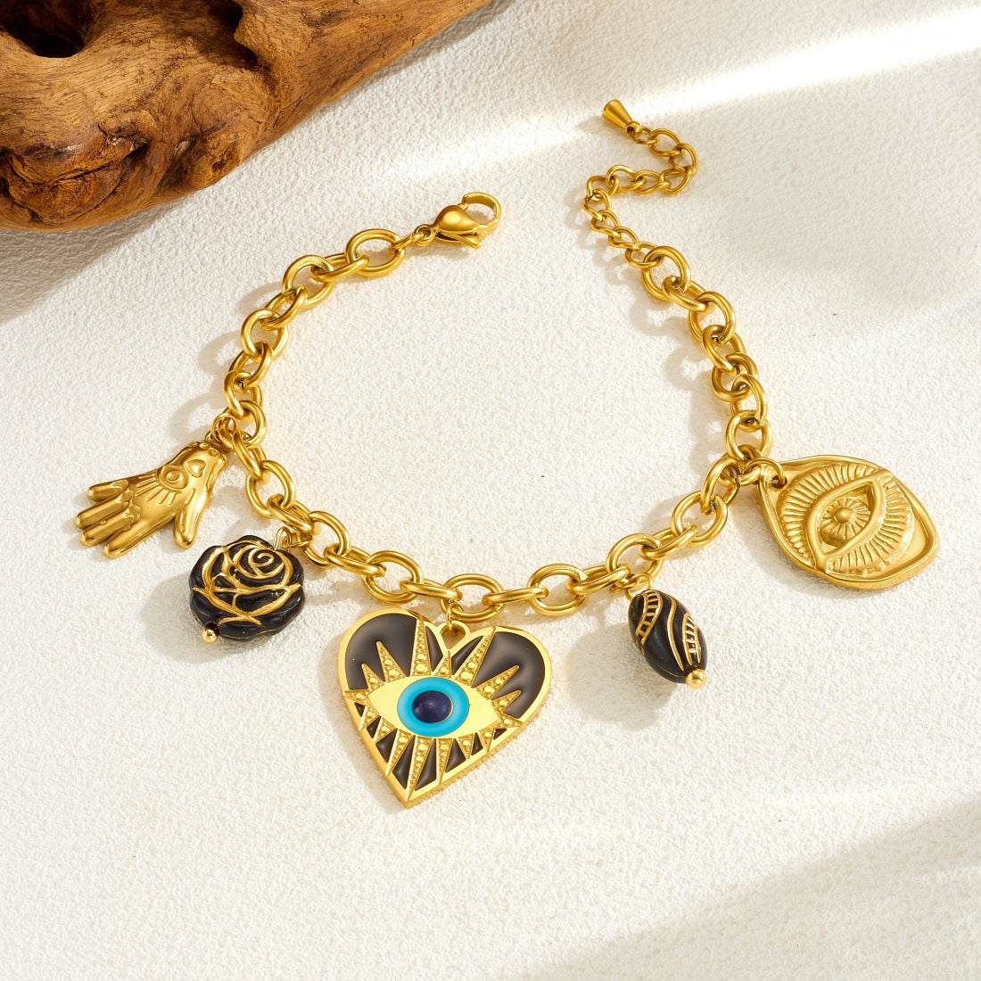 Vintage Bohemian Heart Teardrop Drip Oil Gold Plated Stainless Steel Evil Eye Compass Pendant Necklace and Bracelet Set with Cable Chain for Women