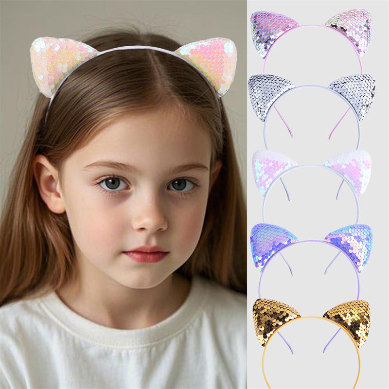 Fascia per capelli per bambini con orecchie da gatto, carina, con paillettes e design a squame di pesce, in tessuto con bordo in pizzo