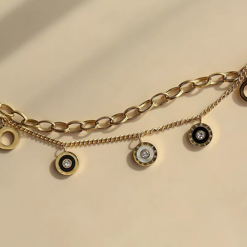 Sweet and Cool Style Geometric Titanium Steel Plated Black and White Shell Bracelet for Women