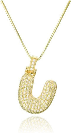 14K Gold Plated Brass Letter Pendant Necklace with Cubic Zirconia Inlay Box Chain for Women