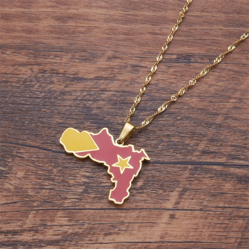 Minimalist Geometric Ethiopian Tigray Region Map Pendant Necklace for Women in Stainless Steel with Plated Titanium Steel and O-Chain