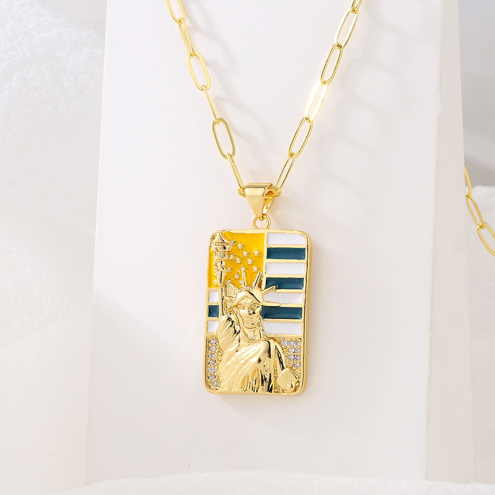 Minimalist Square Liberty Goddess Pendant Necklace for Women with Copper Base Plated in Real Gold and Enamel Finish with Micro-Pave Zirconia