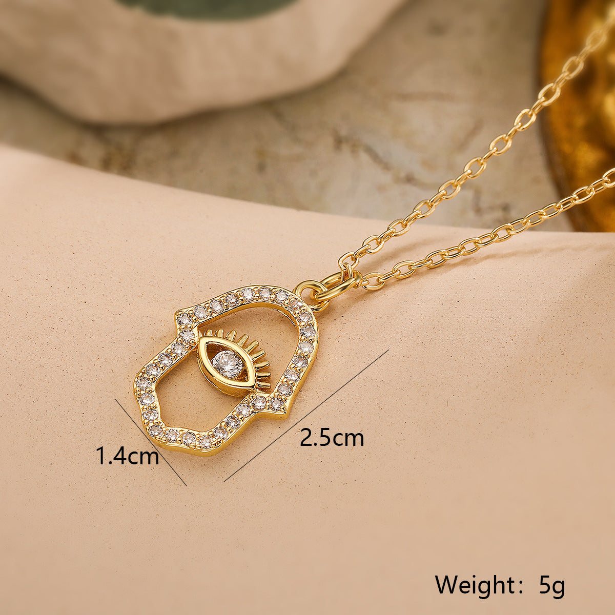 Minimalist Geometric Hand with Eye Pendant Necklace for Women in Copper Plated 18K Gold with Zircon Accents