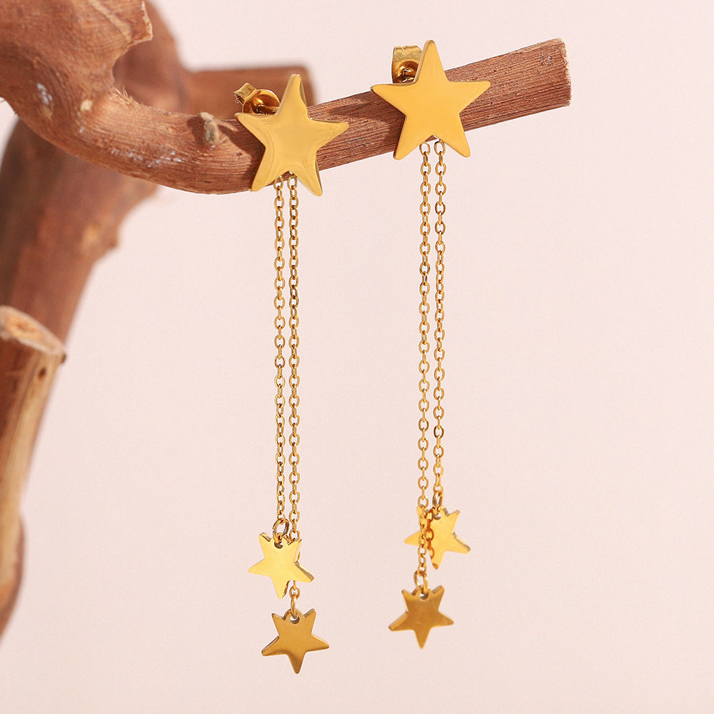 Minimalist Modern Star-Shaped Stainless Steel Earrings with 18K Gold Plating and Fringe Detail for Women