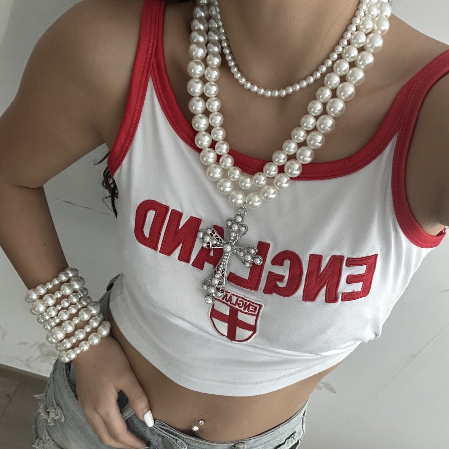 Punk Geometric Cross Hollow Multi-Layer Alloy Necklace Set with Imitation Pearls for Women