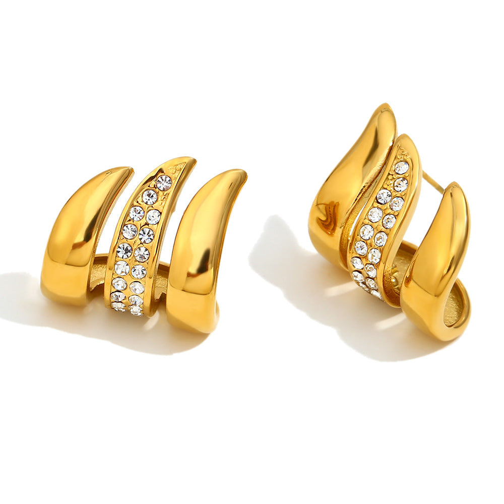 Minimalist Geometric Stainless Steel Earrings with 18K Gold Plating and Rhinestone Accents for Women