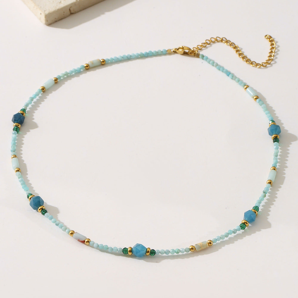 Collar estilo francés retro con piedra natural azul geométrica para mujer con acabado chapado y diseño de cuentas