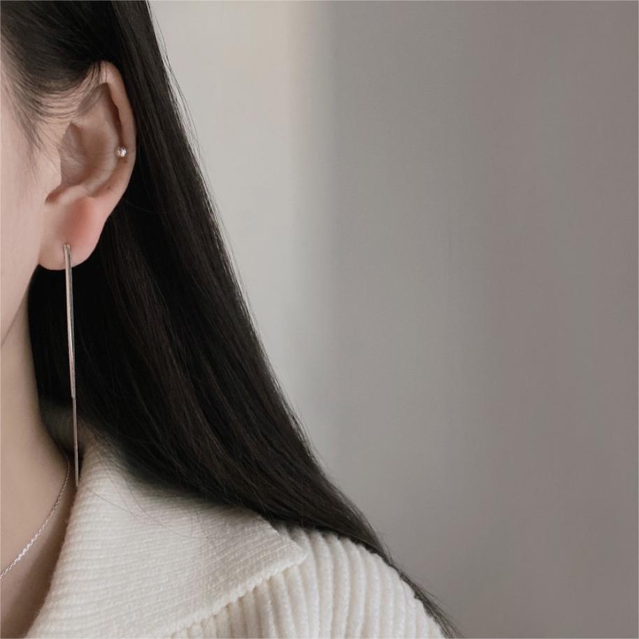 Pendientes Largos de Cadena Fina Minimalistas para Mujer de Plata de Ley 925 con Acento Geométrico de Cuentas y Acabado Pulido