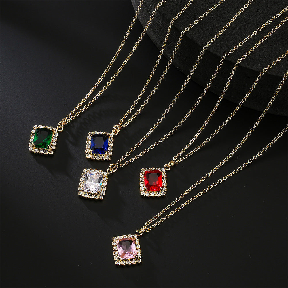 INS Style Geometric Green Zircon Pendant Necklace for Women with Copper Base and 18K Gold Plating