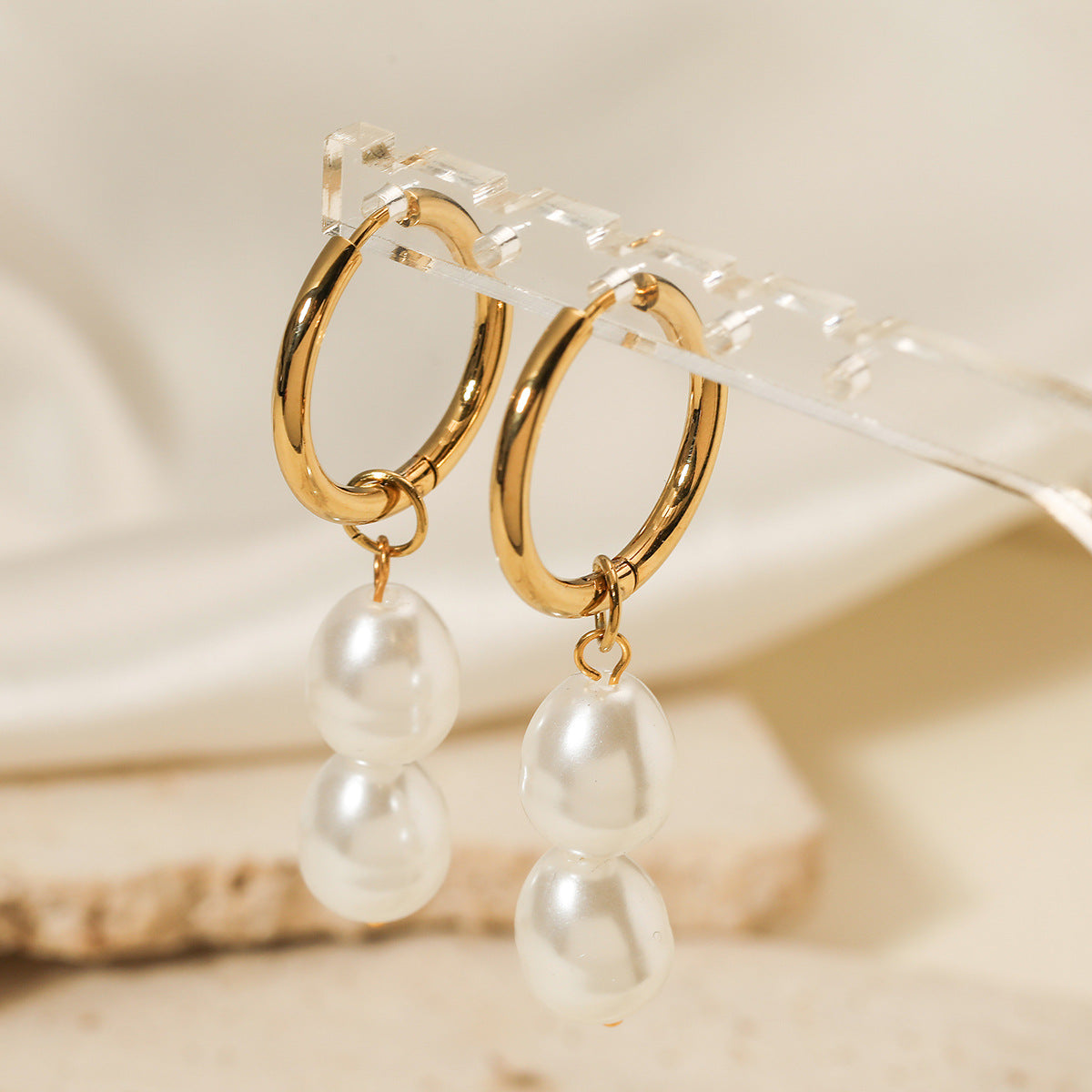 Pendientes Minimalistas Geométricos de Acero Inoxidable con Perlas para Mujer, Baño de Oro de 18 quilates, Elegante Accesorio de Moda