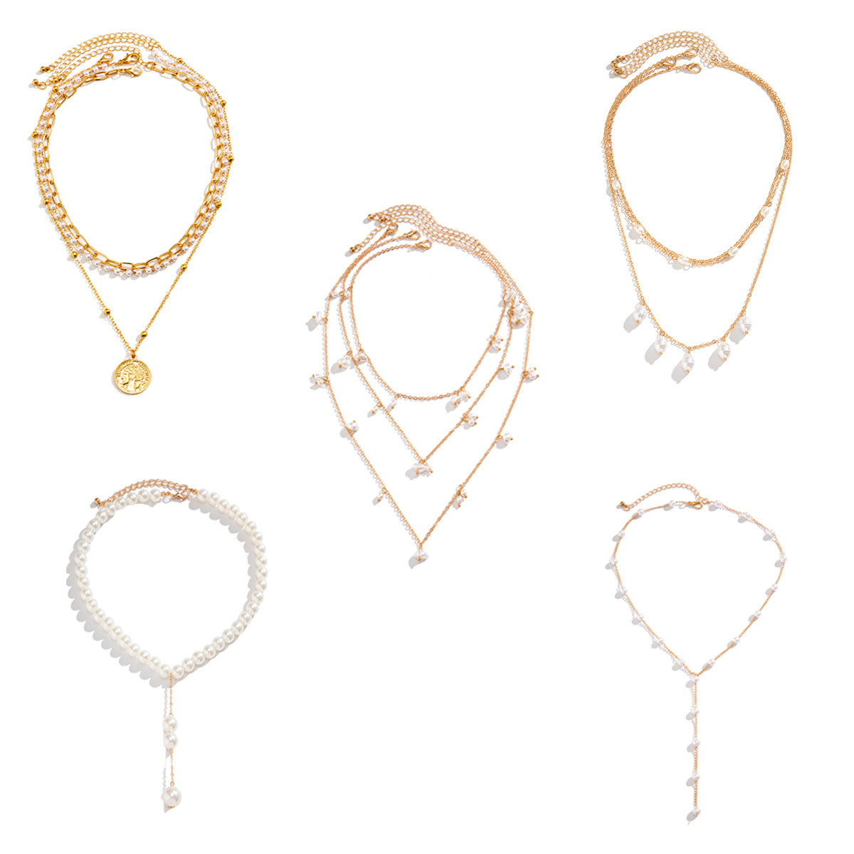 Vintage Minimalist Teardrop Faux Pearl Plated Necklace Curb Chain Women's Jewelry