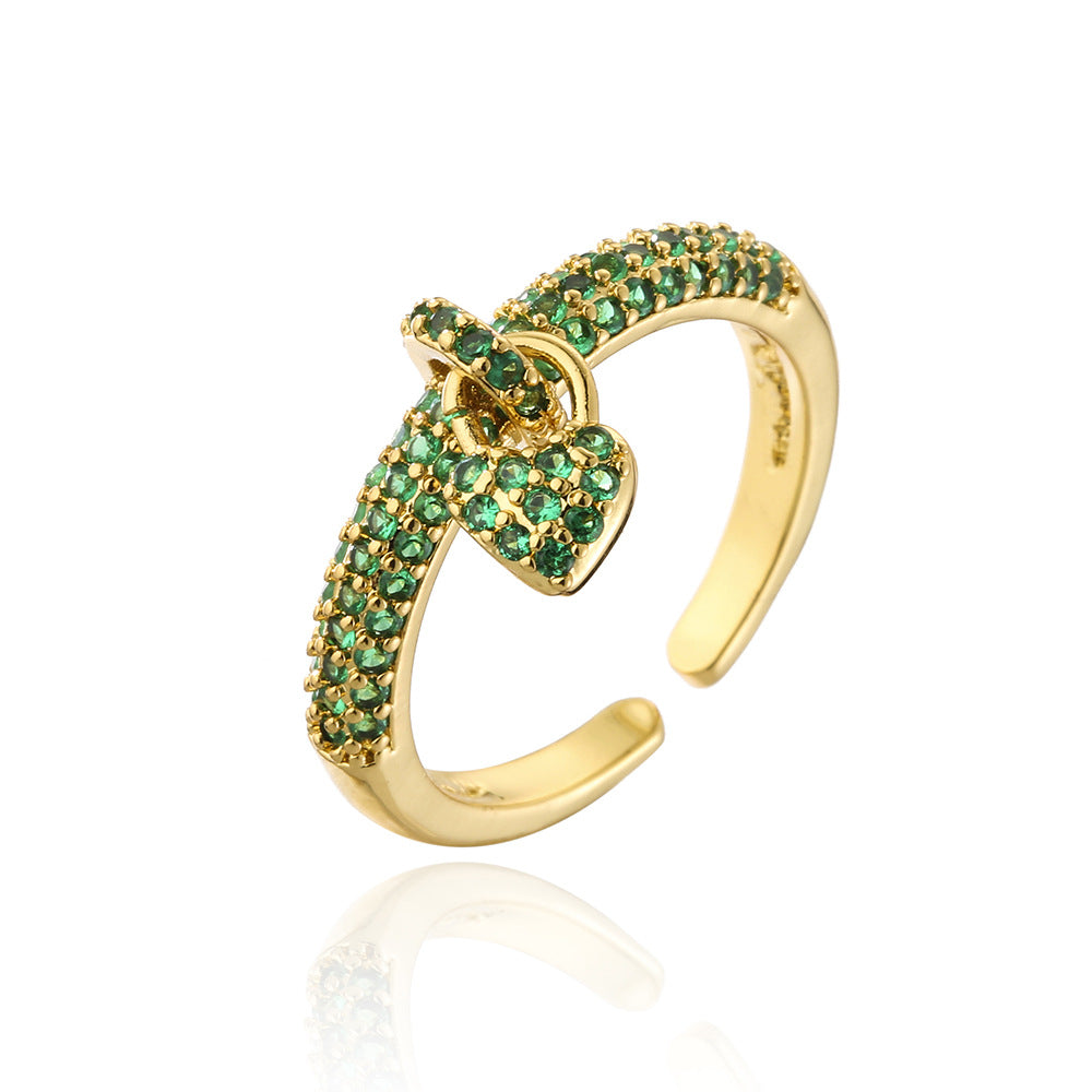 Anello aperto da donna placcato oro 18 carati con micro-pavé di zirconi a forma di cuore, stile retrò alla moda