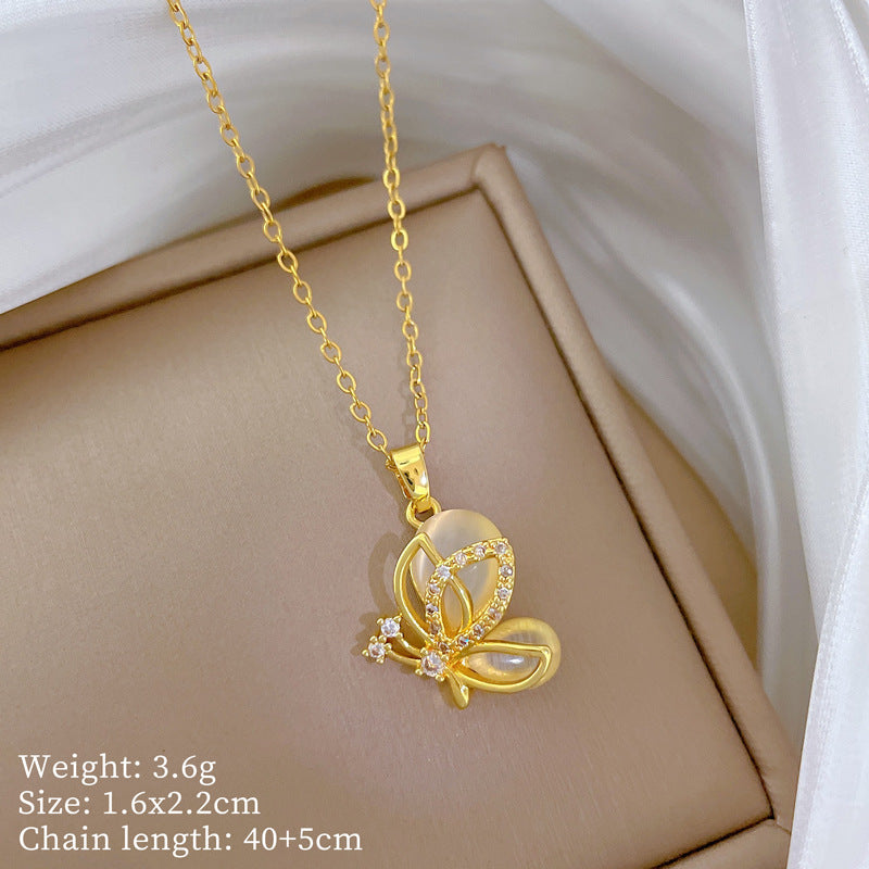 Sweet Butterfly Cat's Eye Rhinestone Titanium Steel Necklace for Women and Men