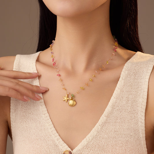 Vacation Style Starfish and Shell Pendant Necklace in Stainless Steel with 18K Gold Plating and Colorful Natural Stone and Zircon Inlays for Women