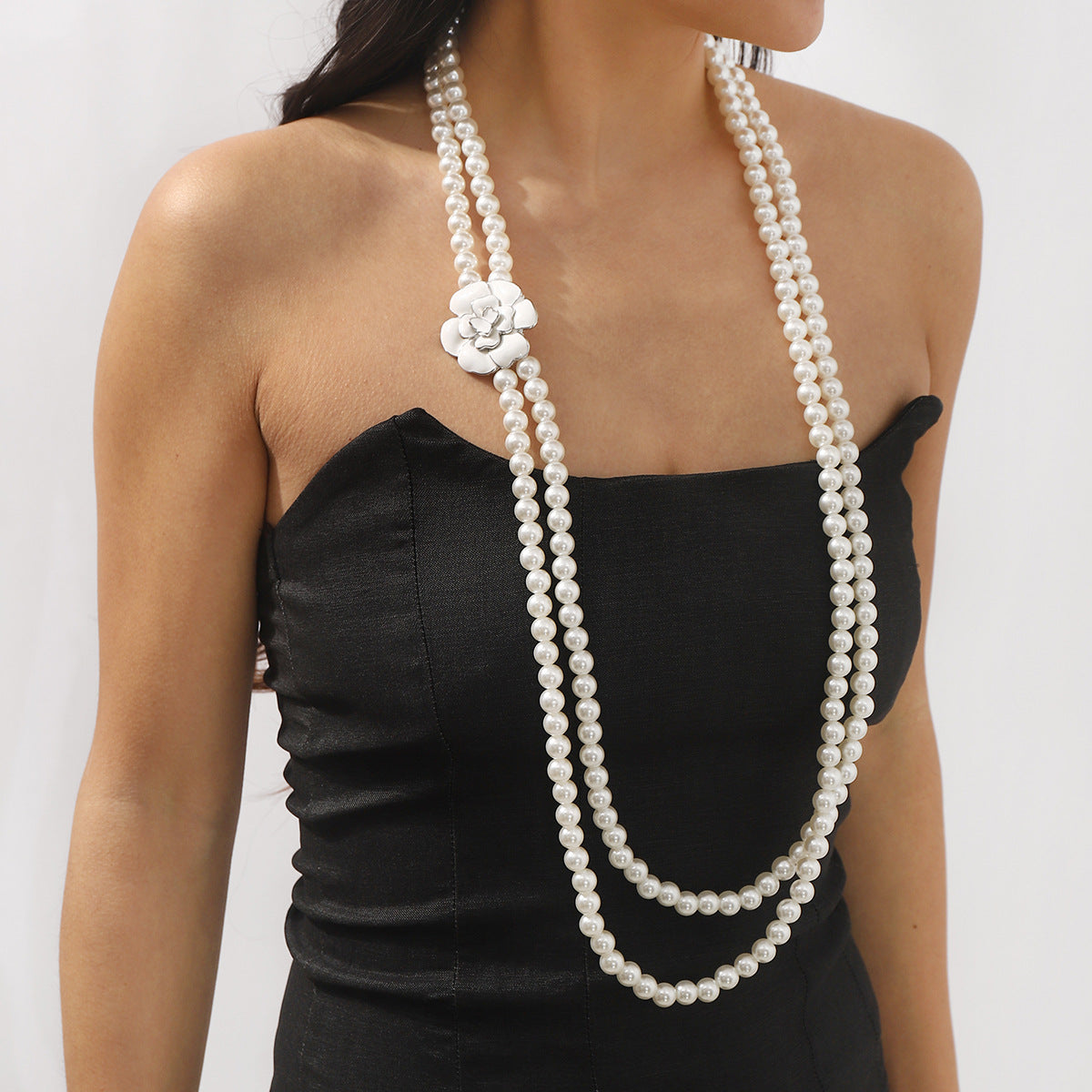 Fashionable Camellia Flower Pendant Necklace with Simulated Pearls and Alloy, Enamel Finish, Long Layered Sweater Chain for Women