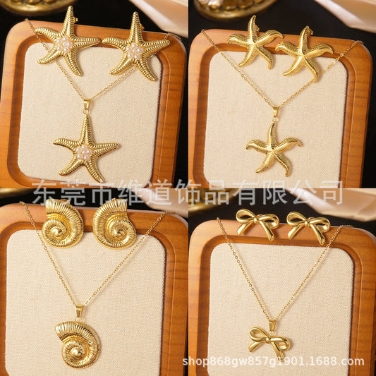 Sweet Marine Life Starfish Shell Bow Stainless Steel Plated Titanium Steel Pendant Necklace and Earring Set with Cable Chain for Women