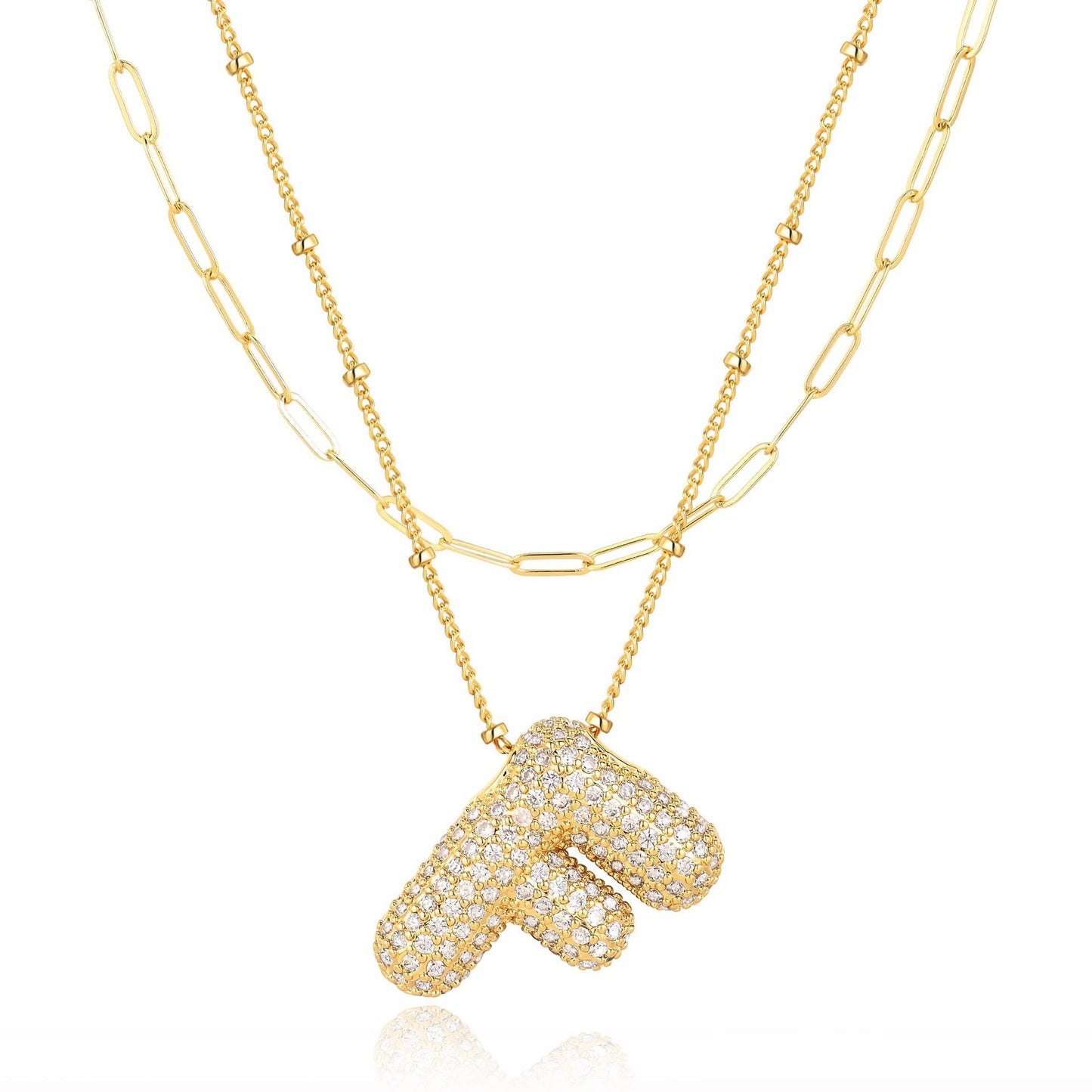 18K Gold Plated Brass Double Layer Letter Necklace Micro Pave Cubic Zirconia Serpentine Chain Women's Jewelry