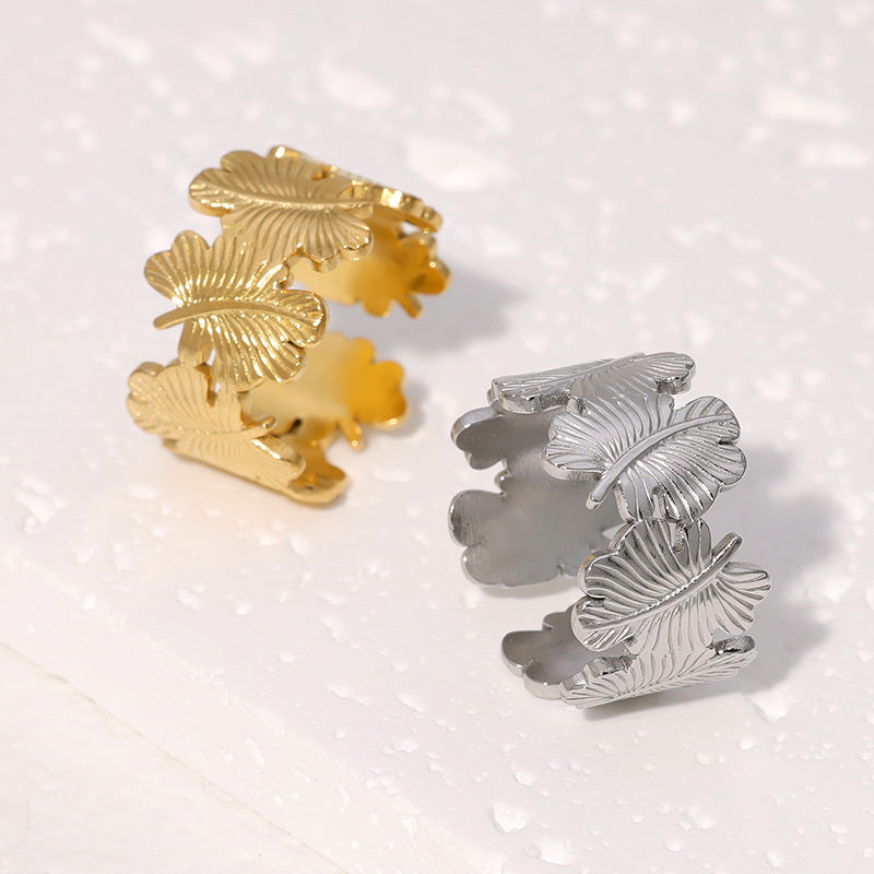 Fashion Leaf Shaped Plated Stainless Steel Ring for Women
