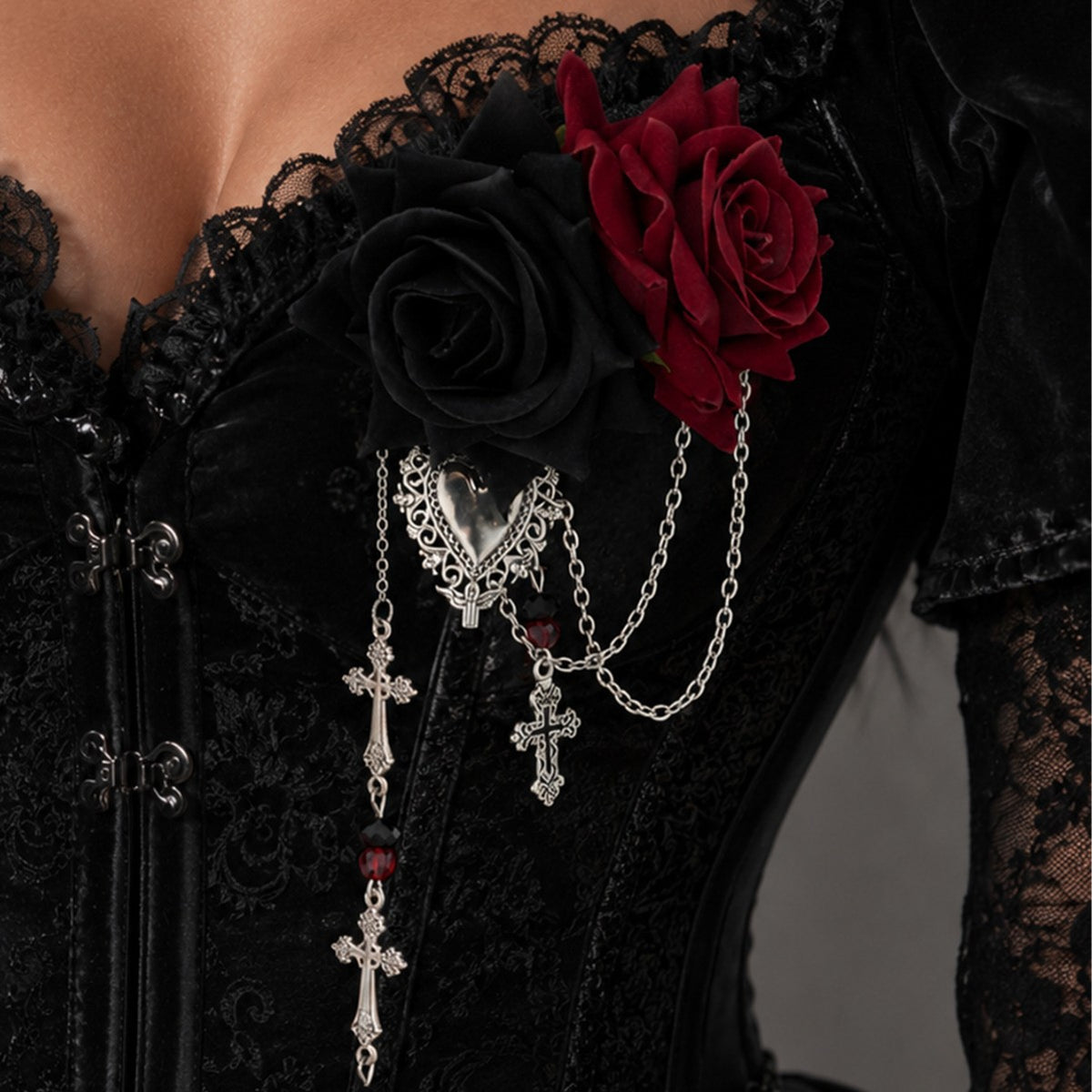 Gothic Vintage Zinc Alloy Plated Cross Heart Rose Brooch Pin for Women