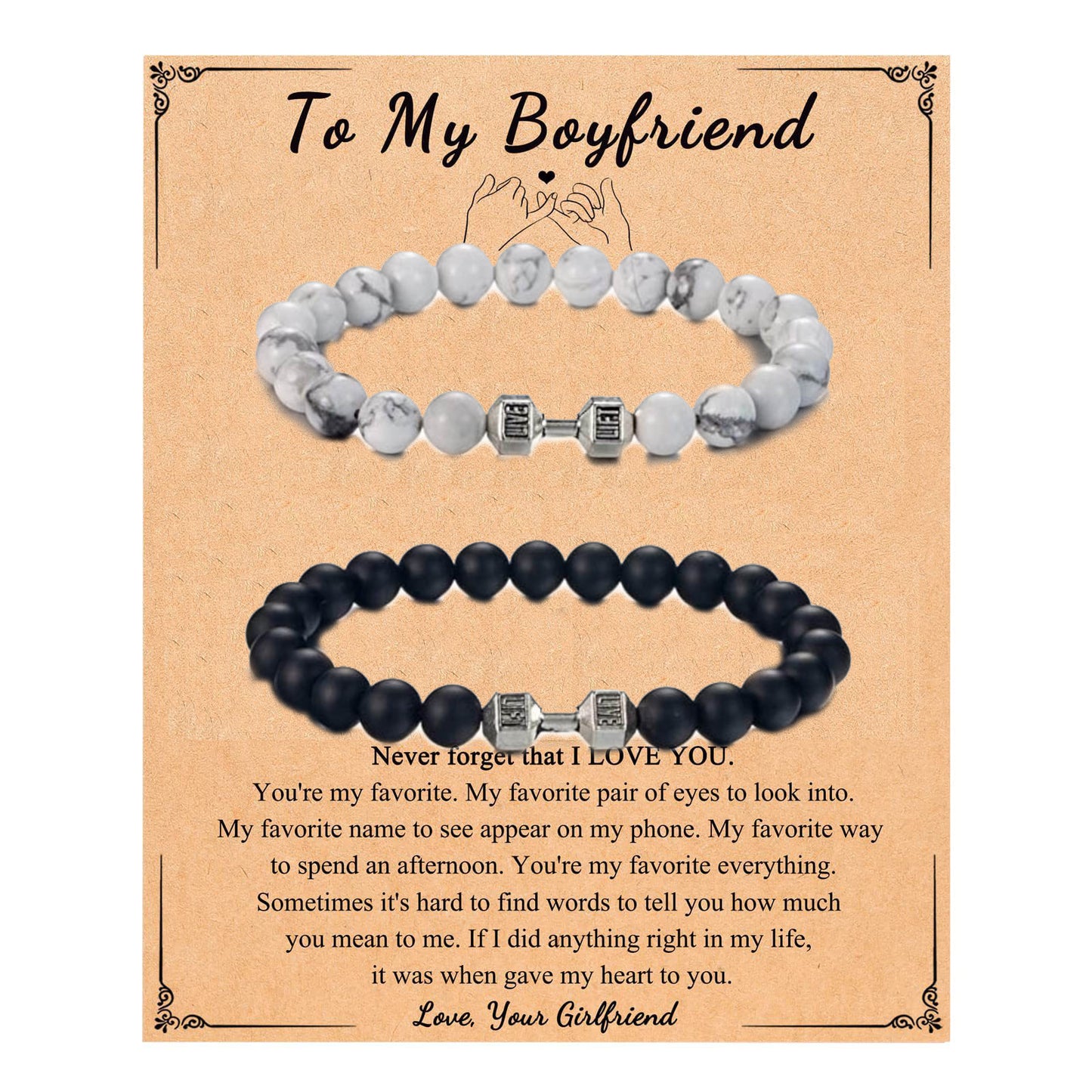 Minimalist Black and White Matte Geometric Dumbbell Pendant Turquoise Beaded Bracelet Set for Couples