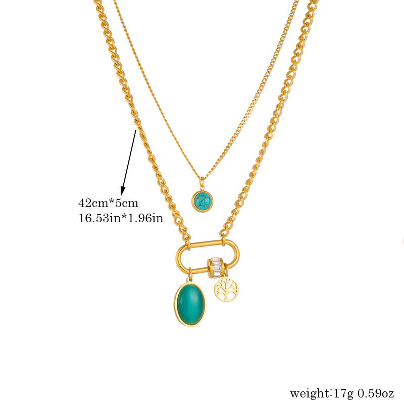 Collana Pendente Quadrata Turchese Minimalista Vintage con Catena Serpente Doppia Strato in Acciaio Inossidabile Placcato Oro