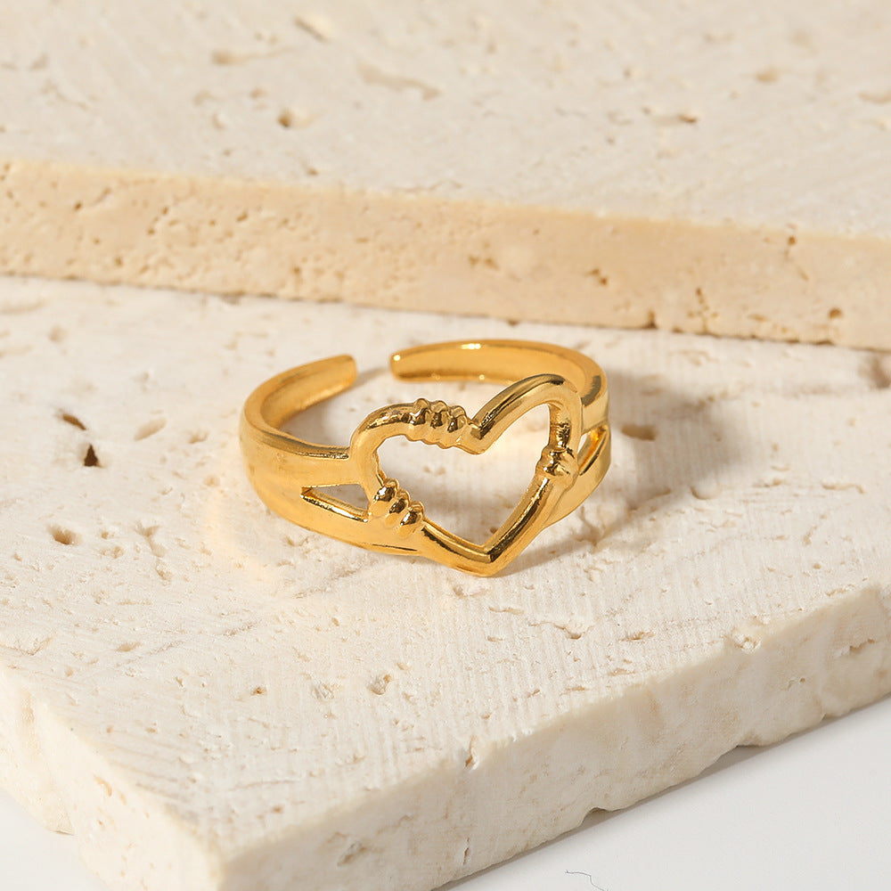 Minimalist Heart-Shaped Stainless Steel Adjustable Open Ring with Vacuum Gold Plating for Women