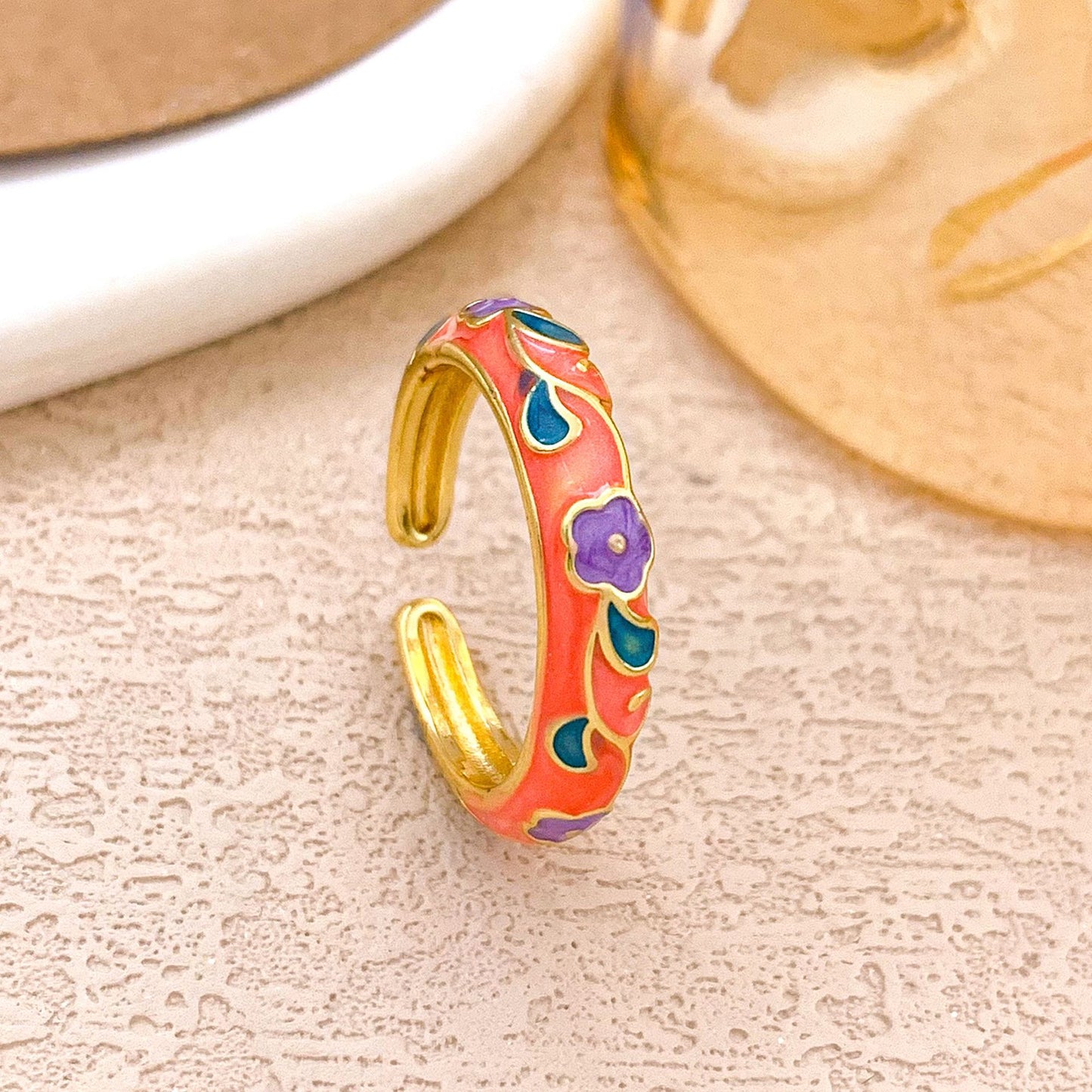 Sweet Elegant Gold Plated Enamel Floral Alloy Ring for Women