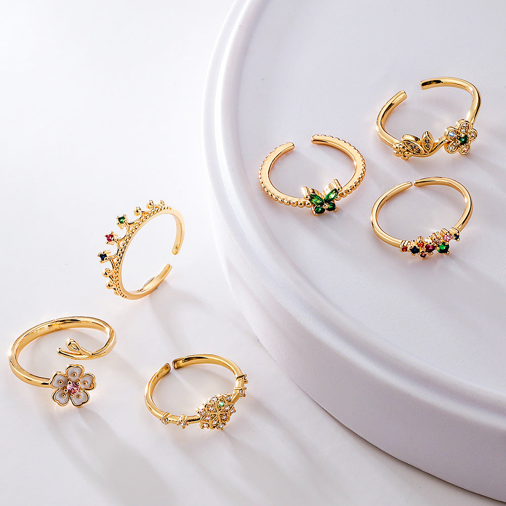 Minimalist Geometric Flower-Shaped Copper Ring with Real Gold Plating and Zircon Inlay for Women