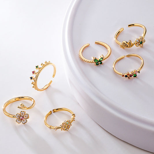 Minimalist Geometric Flower-Shaped Copper Ring with Real Gold Plating and Zircon Inlay for Women
